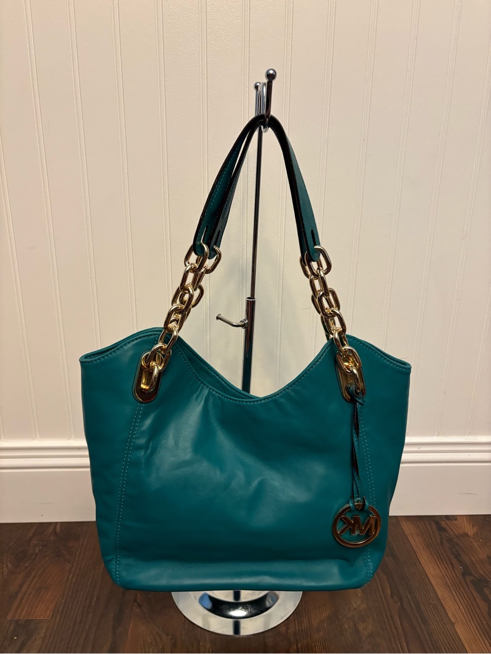 Michael Kors Teal Leather Shoulder Bag with Gold Chain Straps